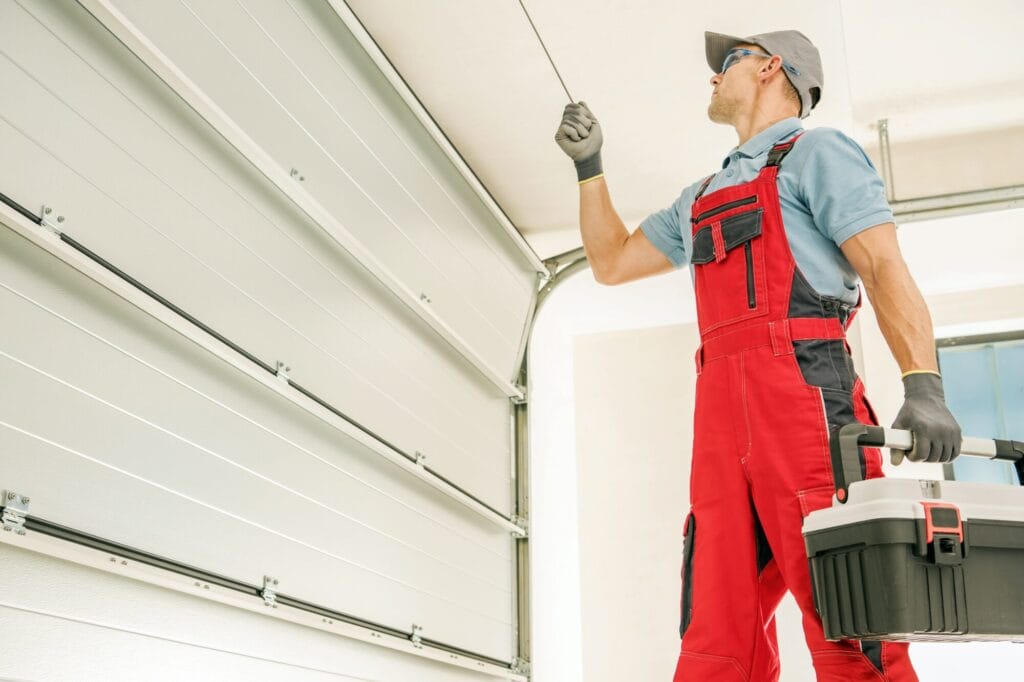 A professional garage door technician installing or inspecting a new garage door, holding a toolbox.