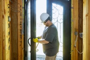 A construction worker wearing a hard hat and yellow gloves installs the ornate handle on a new dark-framed glass entry door, demonstrating the final stage of new entry door installation.