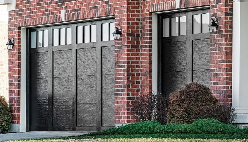 Modern black garage doors with windowed sections are set into a red brick exterior, showcasing a style where a targeted garage door panel replacement can maintain the home's high-end aesthetic.