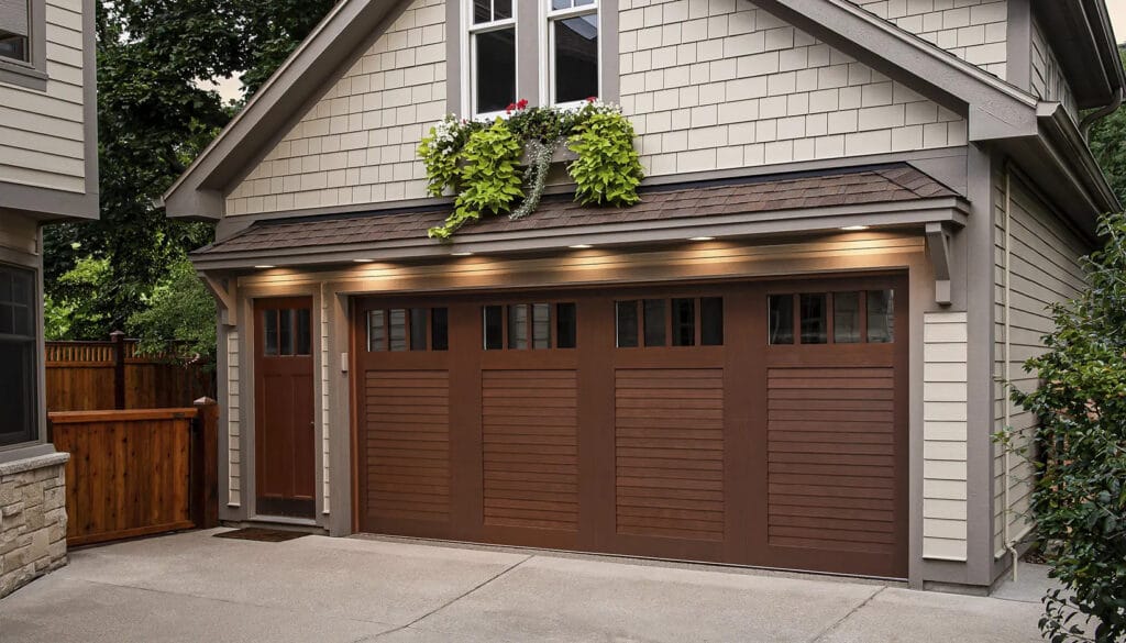 A closed wooden garage illustrating a situation where a garage door won't open.
