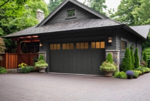 A modern, dark grey home where the garage door won't open.