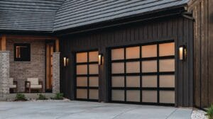 A modern residential exterior showcasing two black-framed glass garage doors with frosted panels glowing warmly from interior lighting.